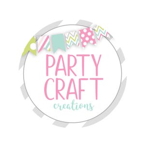 a circular logo with the text "PARTY CRAFT creations" in pink and teal colors.