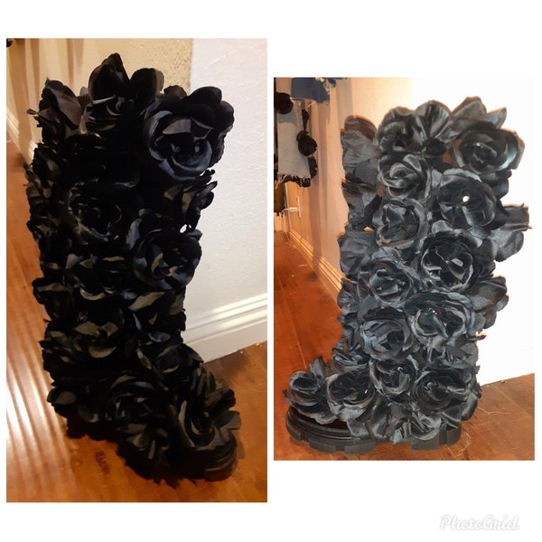Schwarze Rosen bedeckt Ugg-Form-Stiefel auf Doc Marten-Form oder eine beliebige Form, die Sie möchten.Sie können mir auch Ihre eigenen Stiefel zum Anpassen senden