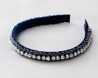 Blue Beaded Rhinestone Headband: Padded Party Headwear