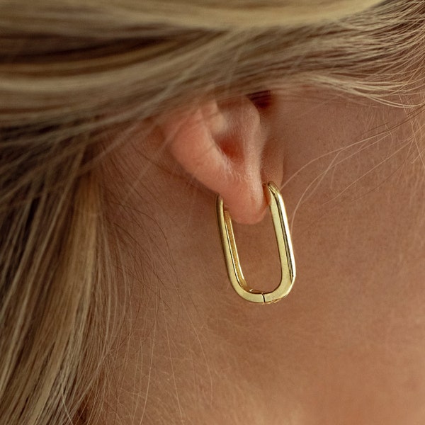 Oblong Rectangle Silver Hoop Earrings 14K Gold Rectangle Oval Hoop Earrings Chunky Gold Silver Rectangle Hoop Earrings Minimalist Style Hoop