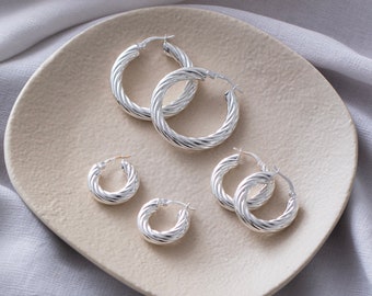 Solid Silver Twisted Hoop Earrings Twisted Hoops Twisted Hoop Earrings Chunky Hoops Medium Thick Hoop Earrings Silver Gift for Her