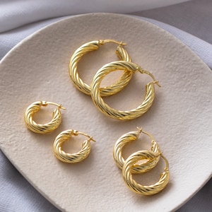 18K Gold Hoop Earrings Twisted Gold Minimalist Hoops Twisted Hoop Earrings, Chunky Gold Hoops Medium Thick 14K Gold Filled Hoop Earrings