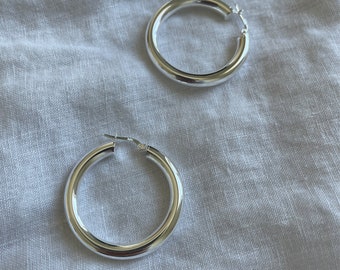 May include: A pair of silver hoop earrings. The hoops are thick and round, and they are made of a smooth metal.