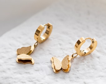 Gold Stainless Steel Butterfly Hoop Earrings: Delicate Dangle Charm