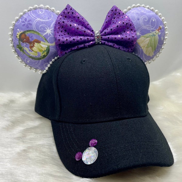 Chapeau Mickey inspiré avec des oreilles et masque assorti de Tiana Princess et de la grenouille.  Chapeau d’oreilles de Mickey Minnie