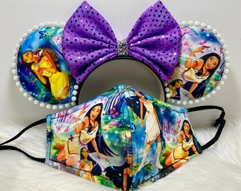 Inspired Pocahontas Mice Minnie ears OR with combo matching mask set..  Very rare print and limited supply.
