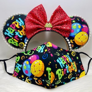 Inspired Birthday Minnie Mouse ears OR combo matching mask set.  Mickey Minnie Mouse ears mask