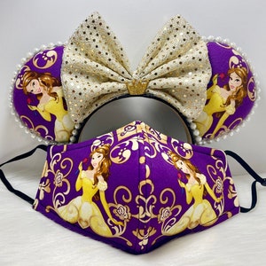 Inspired Minnie Mouse ears OR with combo matching mask set. Beauty and the Beast .  Very rare printand limited supply.