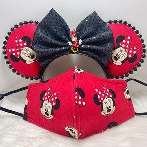 Inspired Minnie Mouse ears OR with combo matching mask set., mickey ears, red Minnie ears.  Mickey Minnie ears mask.