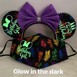 Glow in the Dark fun Inspired Birthday Minnie Mouse ears OR combo matching mask set.  Mickey Minnie Mouse ears mask
