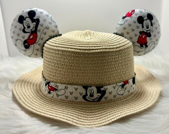 Inspired Classic Mickey Mouse Straw hat, sun hat Mouse ears  OR with combo matching mask set..  Mickey Minnie straw ears.