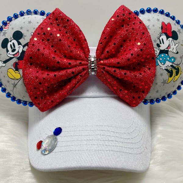 Inspired Patriotic Red White and blue Mickey Minnie Visor ears OR with combo matching mask set..  Minnie mouse ears and face mask.