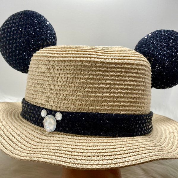 Chapeau de paille inspiré de Mickey Mouse classique, chapeau de soleil oreilles de souris OU avec ensemble de masques assortis combinés. Oreilles de paille Mickey Minnie.