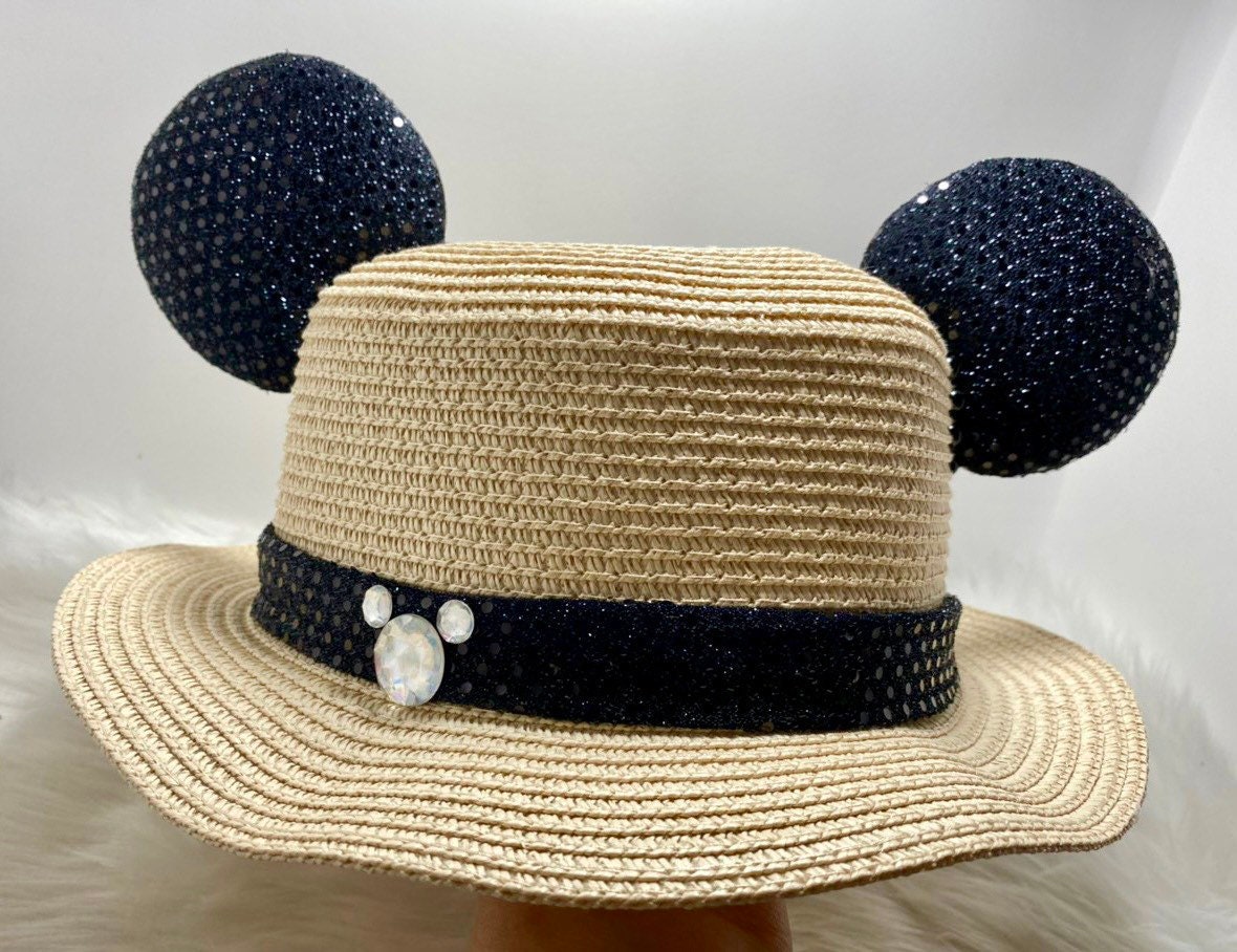 Inspired Classic Mickey Mouse Straw hat, sun hat Mouse ears  OR with combo matching mask set..  Mickey Minnie straw ears.