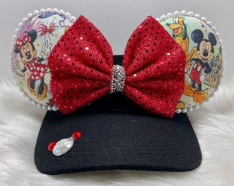 Inspired Mickey Minnie Visor ears  OR with combo matching mask set..  Minnie mouse ear and face mask. Mickey Minnie visor ears mask