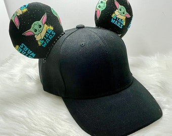 Inspired Mickey hat with ears  OR with combo matching mask set. of Baby Yoda Mandalorian.  Mickey ears hat mask