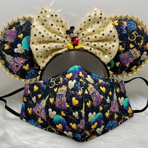 Inspired Celebration of 50th Anniversary (Tower of Terror) Minnie Mouse ears OR with combo matching mask set.
