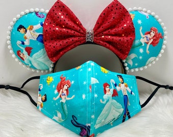 Orelhas inspiradas em Ariel, a Pequena Sereia, Minnie Mouse OU com conjunto de máscara combinando., estampa muito rara. Máscara de orelhas do Mickey Minnie