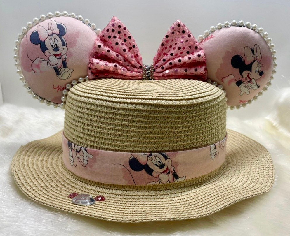 HAND SEWN Mouse Ears Hat- Disney Minnie Mickey Inspired Boat Straw Adult  Sun Hat