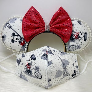 Inspired Vintage Mickey Minnie ears OR with combo matching mask set. in Paris.  Mickey Minnie ears mask.  Minnie in Paris