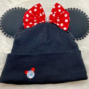 Inspired  Classic Mickey Minnie Mouse Beanie ears with red polka dots bow OR combo matching mask set.  Adult size black beanie