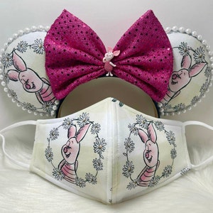 Inspired Minnie Mouse ears OR with combo matching mask set. of Vintage Piglet from Wiinie the Pooh.  Very rare piece limited supply