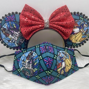 Inspired Minnie Mouse ears OR with combo matching mask set. of Stained glass Beauty and the Beast. Mickey Minnie ears mask