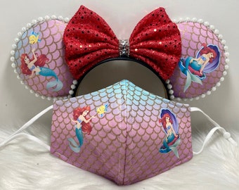 Orelhas de rato inspiradas na Minnie OU com conjunto de máscara correspondente. Ariel, a Pequena Sereia. Máscara de orelhas do Mickey Minnie