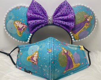 Orelhas inspiradas na Minnie Mouse OU com conjunto de máscara combinada de Tangled Rapunzel. Máscara de orelhas do Mickey Minnie