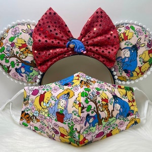 Inspired Vintage Winnie the Pooh Eeyore Tigger Piglet in garden Minnie ears OR with combo matching mask set.Custom Print limited supply