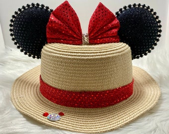 Inspired Classic Minnie Mouse Straw hat, sun hat Mouse ears  OR with combo matching mask set..  Mickey Minnie straw ears red bow.