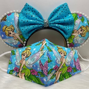 Inspired Tinkerbell Minnie Mouse ears OR with combo matching mask set. custom  print only a few available.  Mickey Minnie ears mask