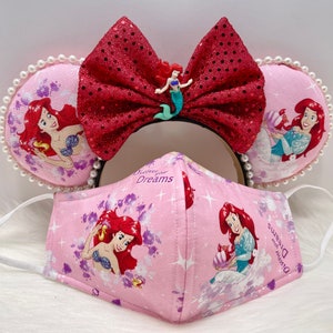 Inspired Ariel the Little Mermaid Minnie ears OR with combo Matching mask set.  Very rare fabric limited supply