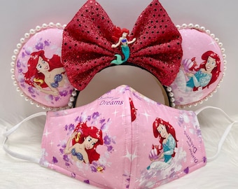 Inspirado Ariel, a Pequena Sereia, orelhas de Minnie OU com conjunto de máscaras combinando. Tecido muito raro, estoque limitado