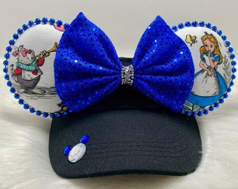 Inspired Minnie Mouse Visor ears OR with combo matching mask set of Alice in Wonderland. Minnie mouse ear and face mask.