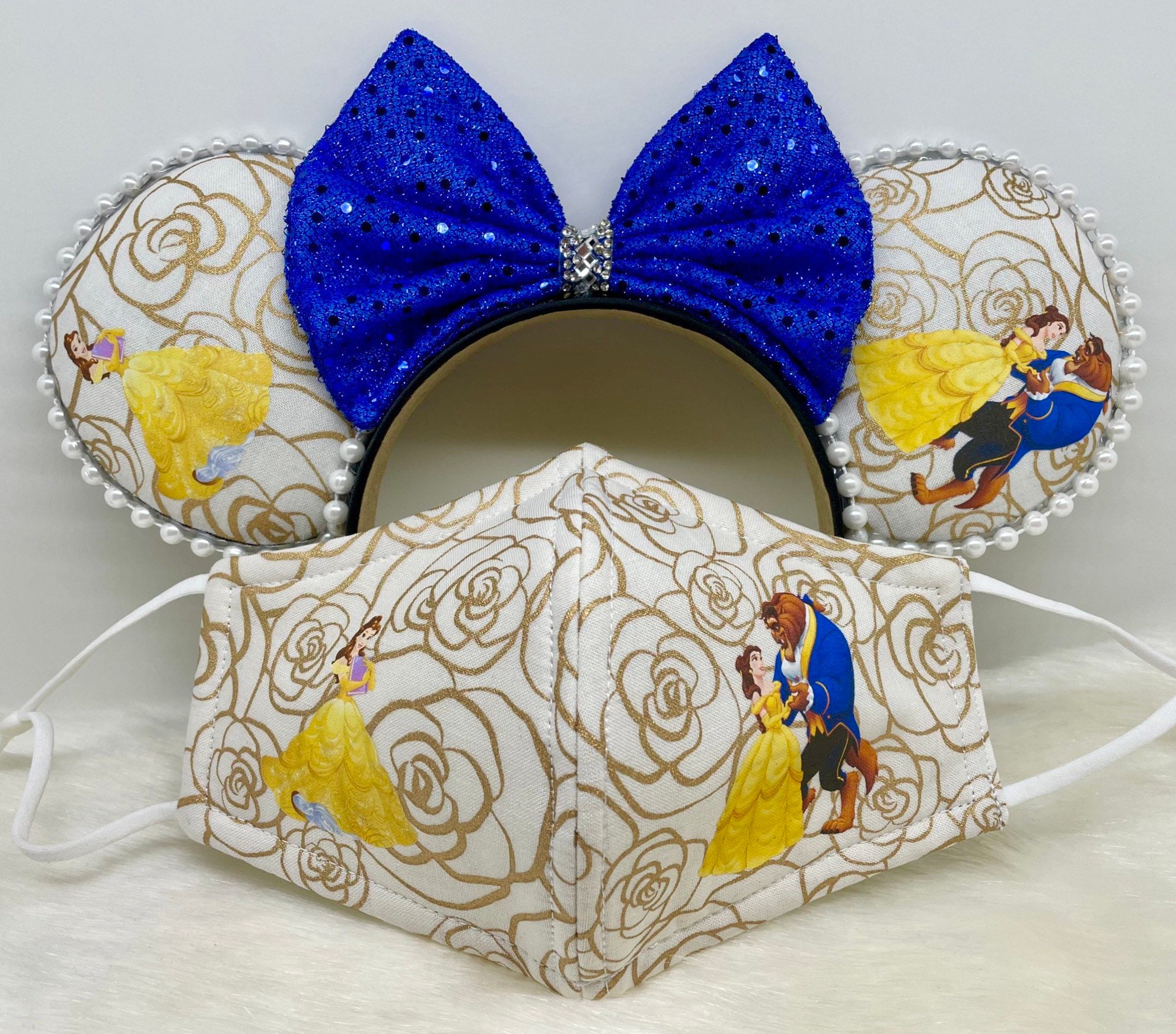 BEST SELLER...Inspired Beautiful Minnie Mouse ears OR combo matching mask set.  Beauty and the Beast Belle gold rose setting.