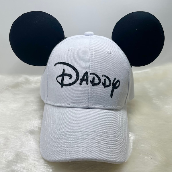 Personnalisé personnalisé « Papa » Mickey WHITE chapeau chapeau oreilles de souris OU avec combo ensemble de masque assorti.  Masque chapeau d’oreilles de Mickey