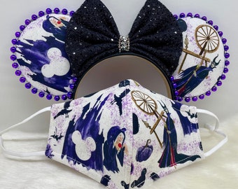 Geïnspireerd Maleficent Minnie Mouse Ears OF combo bijpassende masker set.  Villians Mickey Minnie oren masker. Stof met aangepaste print