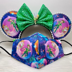 Inspired  Peter Pan and Tinkerbell Minnie Mouse ears OR with combo matching mask set very rare print.  Mickey minnie ears mask