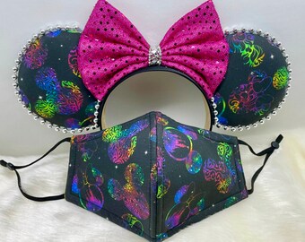 Inspired Dreaming Castle Minnie Mouse ears OR with combo matching mask set..  Custom print fabric