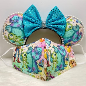Inspired Disney Monster Inc. Mickey Minnie Mouse ears OR with combo matching mask set..  Mickey Minnie ears mask. Custom print fabric