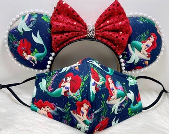 Orelhas inspiradas em Ariel, a Pequena Sereia, Minnie Mouse OU com conjunto de máscara combinando., estampa muito rara. Máscara de orelhas do Mickey Minnie