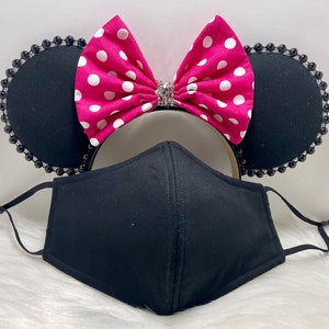 Inspired Classic Minnie Mouse ears OR with combo matching mask set of Disney Minnie Mouse.  Mickey Minnie ears mask hot pink polka dot bow