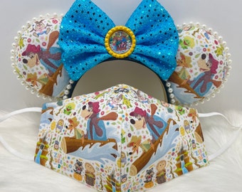 Inspired Splash Mountain ride Minnie Mouse ears  OR with combo matching mask set. Mickey Minnie ears mask.  Custom print fabric