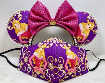 Inspired Aurora Sleeping Beauty ears OR with combo matching mask set..  Mickey Minnie ears mask