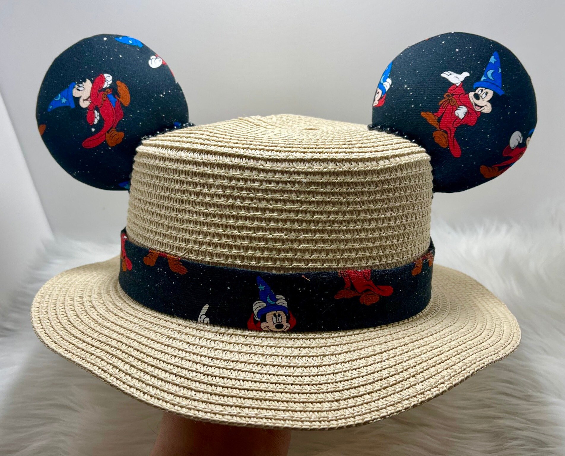 Inspired Fantasia Wizard Mickey Straw hat, sun hat Mouse ears  OR with combo matching mask set..  Mickey Minnie straw hat ears
