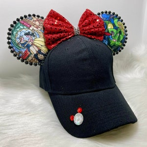 Inspired Mickey hat with ears OR with combo matching mask set. of Belle Beauty and the Beast Stained glass.  Mickey ears hat mask.