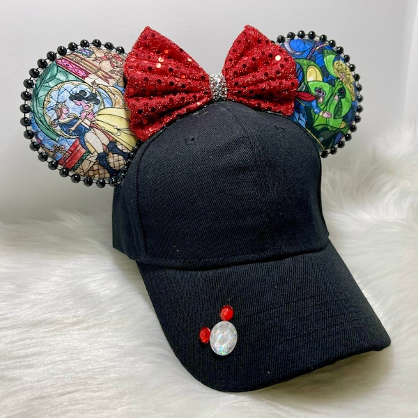 Chapeau Mickey inspiré avec oreilles OU avec ensemble de masques assortis combo. de Belle Beauty and the Beast Vitrail.  Masque de chapeau oreilles de mickey.