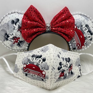 BEST SELLER Inspired Vintage Mickey Minnie Mouse in love ears OR combo matching mask set. Mickey Minnie ears mask.