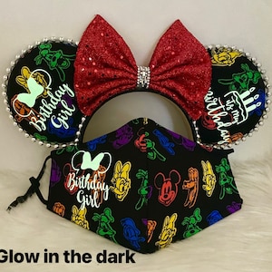 Glow in the Dark fun Inspired Birthday Minnie Mouse ears OR with combo matching mask set..  Mickey Minnie Mouse ears mask